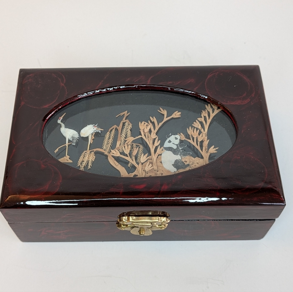Vintage lacquered cork art 3D diorama lined Lidded jewelry box Heron Panda